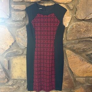 Jones Wear Black Sheath Dress with Burgundy Patterned Panel